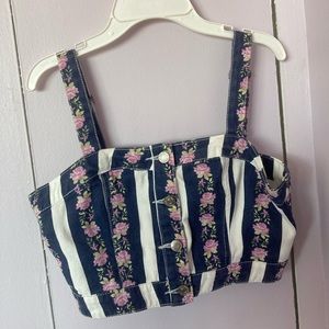 Denim cropped floral print tank